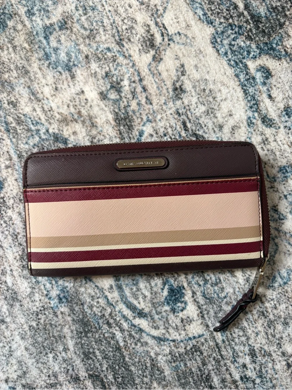 Dana Buchman Burgundy Pink Beige Striped Zip Wallet